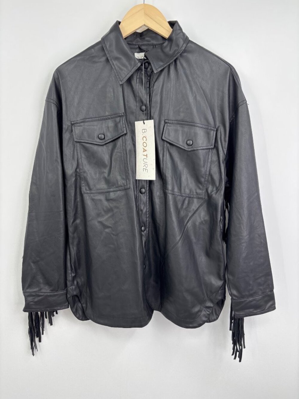 B. Coature Faux Leather Fringe Moto Style Jacket Black Size Medium NEW